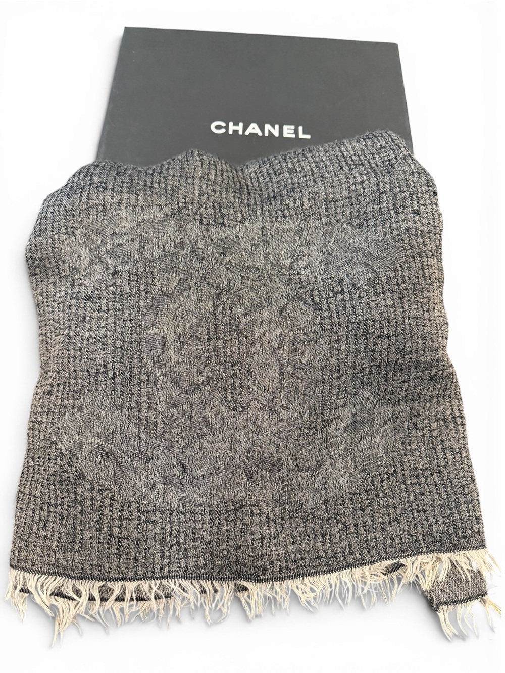 CHANEL Gray Wool Blend Open-Front Knit Scarf
